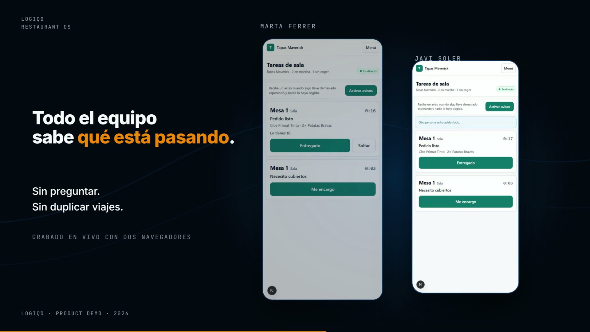 Restaurant OS funcionando en dos móviles del equipo de sala